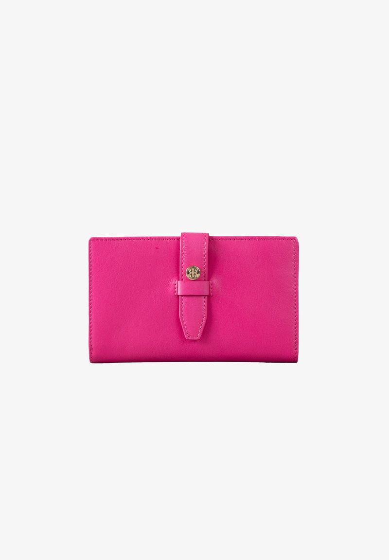 Pink leather wallet with a flap closure, gold hardware, and smooth texture. Features a rectangular shape and clean edges.