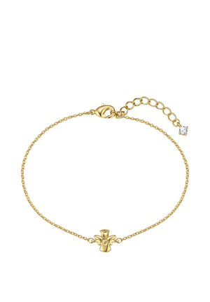 Pulsera de cadena de oro delicada con un pequeño colgante de ángel con detalle de corazón y cierre ajustable con una única piedra preciosa clara.