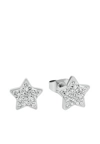 Silverstjärnformade örhängen prydda med många klara rhinestones; elegant design med en polerad yta och säker låsning.