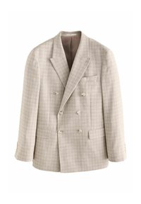 Beige double-breasted blazer made from textured fabric, featuring four buttons, a chest pocket, and peaked lapels.