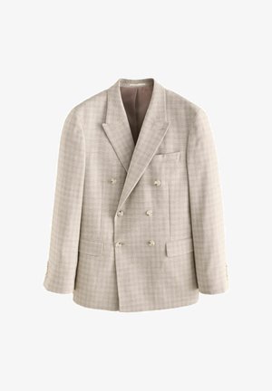 Beige double-breasted blazer made from textured fabric, featuring four buttons, a chest pocket, and peaked lapels.