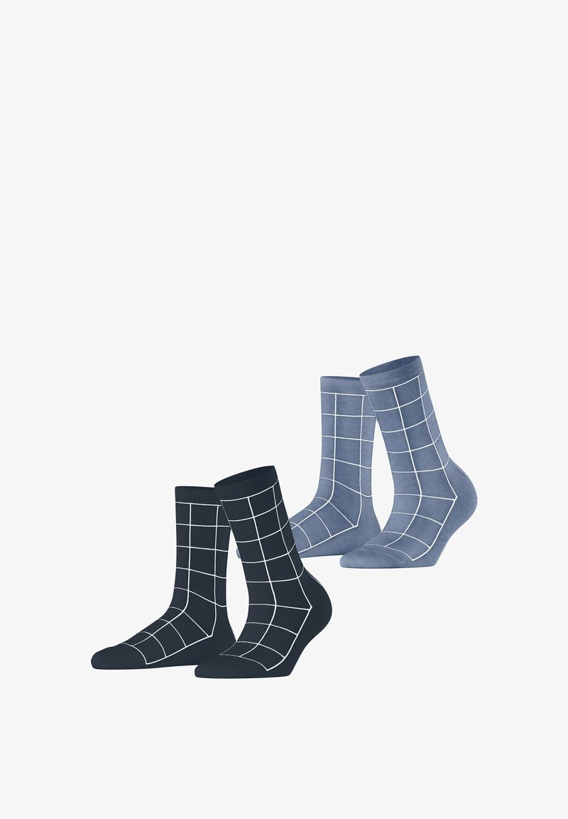 Deux paires de chaussettes avec un motif en grille : l'une en bleu foncé avec des lignes blanches, l'autre en bleu clair avec des lignes blanches. Matière en mélange de coton.