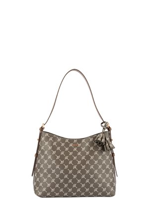 Rjava vzorčasta torba za rame iz gladkega sintetičnega materiala, ki ima okrasne resice in en sam naramni trak.