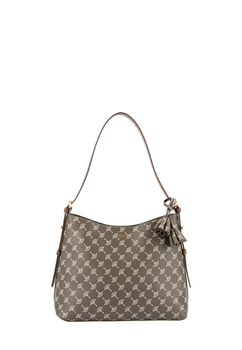 Brązowa torba na ramię w wzory z gładkiego materiału syntetycznego, ozdobiona dekoracyjnymi frędzlami i pojedynczym paskiem na ramię.