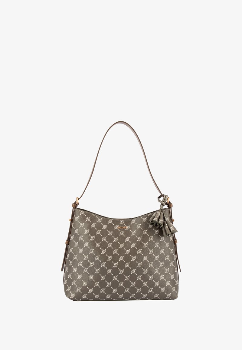 Brązowa torba na ramię w wzory z gładkiego materiału syntetycznego, ozdobiona dekoracyjnymi frędzlami i pojedynczym paskiem na ramię.