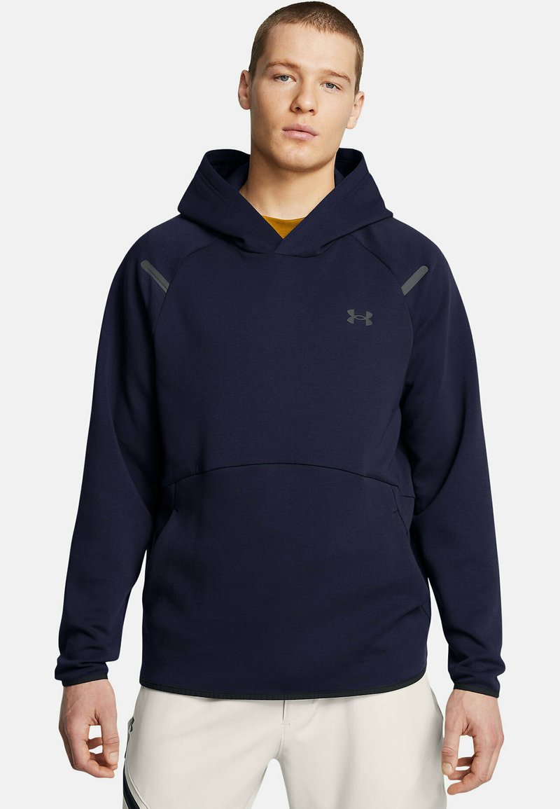 Marineblaue Kapuzenpullover mit Kängurutasche, Raglanärmeln und grauen Akzenten. Hergestellt aus weichem, strukturiertem Stoff für zusätzlichen Komfort.