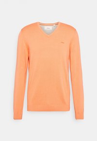 Pull à manches longues pour homme avec col en V, de couleur orange clair, doté de poignets et d'un ourlet côtelés, avec un petit logo de marque brodé sur la poitrine.