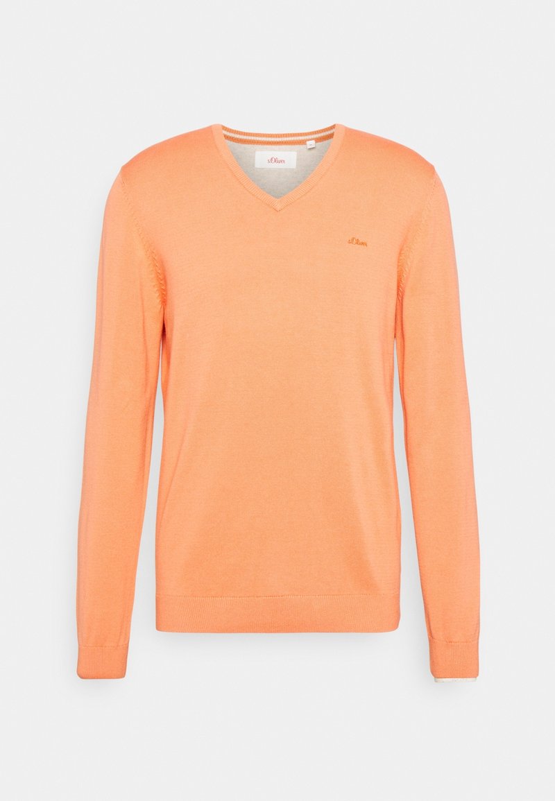 Pull à manches longues pour homme avec col en V, de couleur orange clair, doté de poignets et d'un ourlet côtelés, avec un petit logo de marque brodé sur la poitrine.