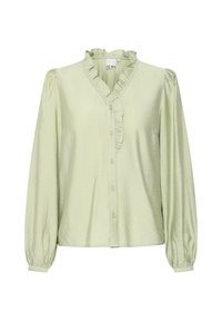 Light green button-up blouse made of soft fabric. Features a ruffled collar and long sleeves with elastic cuffs. Simple design and texture.