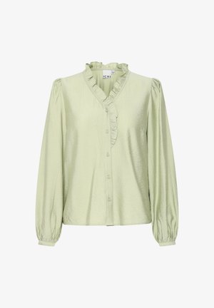 Vaaleanvihreä napitettava paita, joka on valmistettu pehmeästä kankaasta. Siinä on rypytetty kaulus ja pitkät hihat, joissa on joustavat hihansuut. Yksinkertainen muotoilu ja tekstuuri.