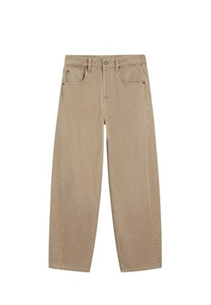 Béžové džíny s rovnými nohavicemi, předními kapsami, poutky na pásek a zapínáním na knoflík, zobrazené na bílém pozadí.