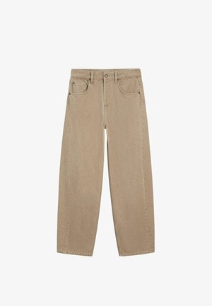 Beige jeans med lige ben, forlommer, bæltestropper og lukning med knap, vist mod en hvid baggrund.