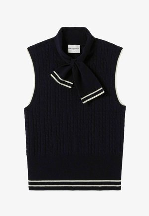 Pull sans manches bleu marine avec texture côtelée et détail de lien au cou. Des accents rayés blancs au niveau du col et de l'ourlet rehaussent le design.