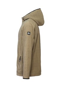 Hooded fleece-jack in olijfgroen, met een volledige ritssluiting, zijzakken met ritsen en een zwart logo-opdruk op de linkermouw.