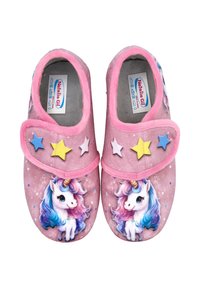 Zapatillas infantiles rosas con diseño de unicornio, material de tela suave, correa de velcro y acentos de estrellas multicolores.