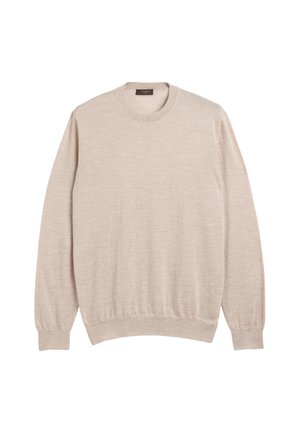 Beige trui met lange mouwen en ronde hals, met geribde boorden en zoom, gemaakt van licht breisel.