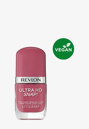 Revlon Ultra HD Snap vegane pinke Nagellackflasche, 8 ml, mit grünem Vegan-Symbol mit zwei Blättern.