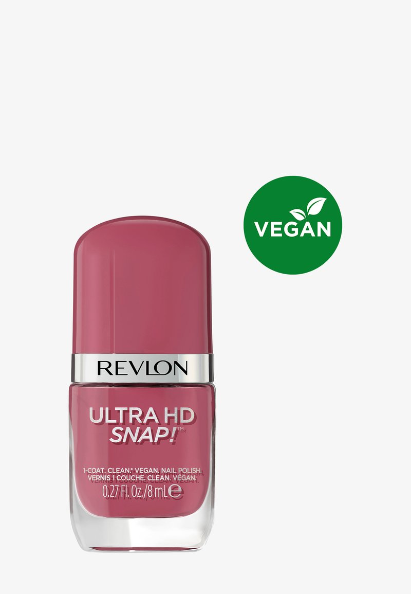 Botella de esmalte de uñas rosa vegano Revlon Ultra HD Snap, 8 ml, con símbolo vegano verde con dos hojas.