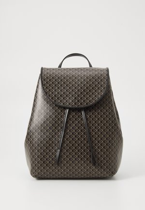 Black backpack with a geometric pattern in gold. Features a rounded flap, two drawstring closures, and a top handle for carrying.