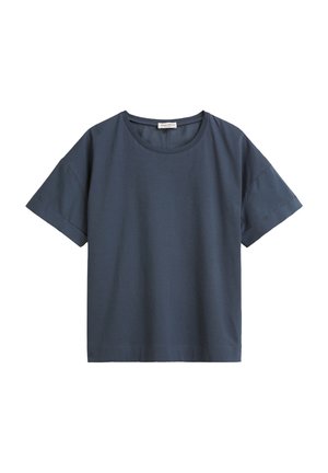 Marineblauwe T-shirt met korte mouwen, gemaakt van katoen. Heeft een ronde halslijn en een losse pasvorm, met een gladde textuur en een eenvoudig ontwerp.