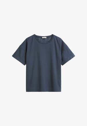 Marineblauwe T-shirt met korte mouwen, gemaakt van katoen. Heeft een ronde halslijn en een losse pasvorm, met een gladde textuur en een eenvoudig ontwerp.