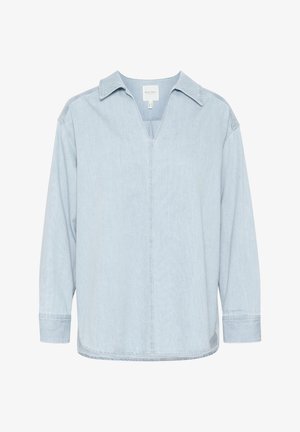 Hele sinise pikad varrukad särk pehmest denim materjalist. V-kaelus, nööbiga mansetid ja lõdva lõikega, millel on peened õmblusdetailid.