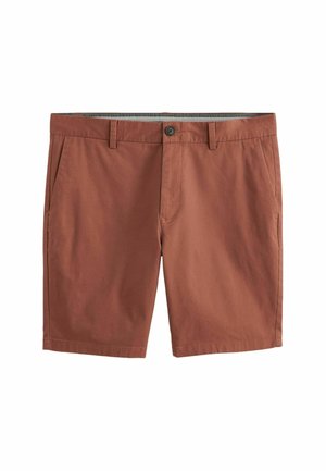 Pantaloni corti in cotone marrone con chiusura a bottone, due tasche frontali e design semplice. Tessuto liscio e taglio all'altezza del ginocchio.
