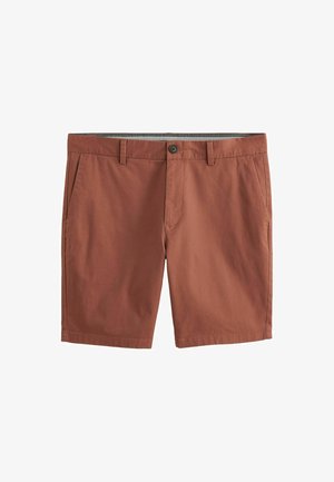 Pruunid puuvillased lühikesed püksid nupulukuga, kahe esisegmendiga ja lihtsa disainiga. Sile tekstuur ja põlvepikkune lõige.