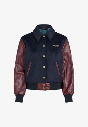 Marineblaue Bomberjacke mit bordeauxfarbenen Lederärmeln, goldenen Druckknöpfen, gerippten Bündchen und Bund; verfügt über Seitentaschen und ein Logodetail.