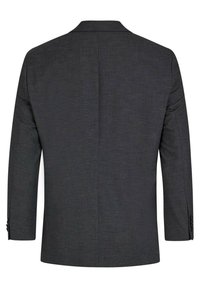 Dunkelgrauer Blazer aus strukturiertem Stoff, mit kostengünstiger Rückenbelüftung und Knopfmanschetten mit zwei Knöpfen. Taillierte Passform, keine sichtbaren Muster oder Akzente.