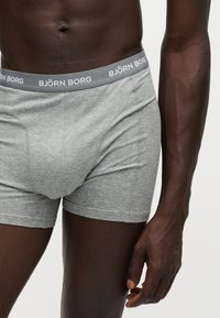 Gros plan d’une personne portant un boxer Björn Borg gris, montrant la ceinture et une partie du torse et du bras sur un fond uni.