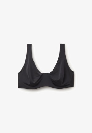 Zwarte bh met een zachte, gladde textuur, brede banden en een minimalistisch ontwerp. Geen beugel, met een eenvoudige, onbewerkte vorm.