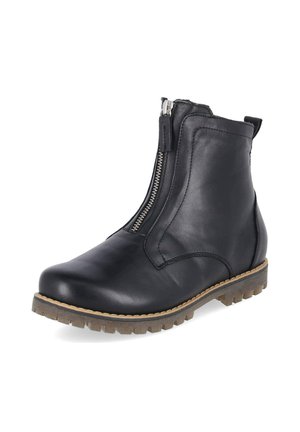 Bota negra de cuero hasta el tobillo con cremallera frontal, suela marrón cosida y suela exterior de goma texturizada para mejor agarre.