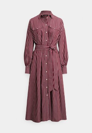 Maroon and white striped shirt dress with long sleeves, a collared neckline, and a tied waist. Features buttons down the front and two chest pockets.