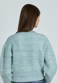 Pulover tricotat de culoare albastru deschis, cu un model texturat, având decolteu rotund și tiv cu nervuri. Lungime scurtă, cu sleeves lejere.