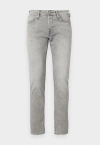 Grå denimjeans med rette ben, med frontlommer, knappelukking og subtil falming.
