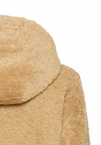 Beige teddyjas met een zachte, gestructureerde oppervlakte, voorzien van een ronde capuchon en zonder zichtbare sluitingen, gezien van achteren.