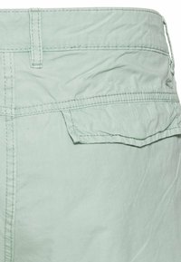 Shorts vert clair à coupe décontractée, avec une poche arrière à rabat, des passants pour ceinture et un détail de couture visible. Fabriqués en tissu léger.