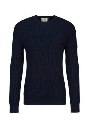 Marineblauer gerippter Strickpullover mit langen Ärmeln, Rundhalsausschnitt und enganliegenden Bündchen.