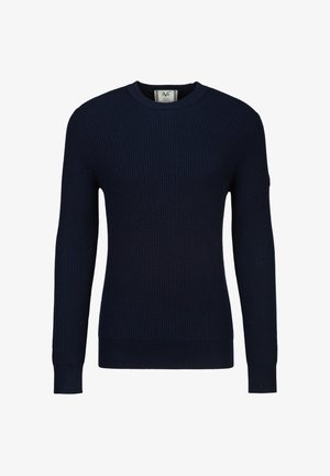 Marineblauer gerippter Strickpullover mit langen Ärmeln, Rundhalsausschnitt und enganliegenden Bündchen.