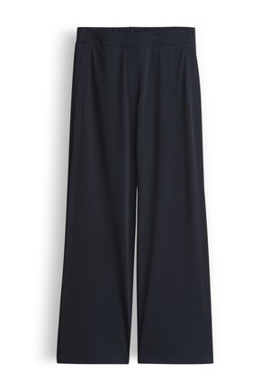 Navyblaue Hosen mit weitem Bein, elastischem Bund und seitlichen Taschen, gefertigt aus glattem, leichtem Stoff.