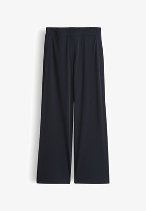 Navyblaue Hosen mit weitem Bein, elastischem Bund und seitlichen Taschen, gefertigt aus glattem, leichtem Stoff.