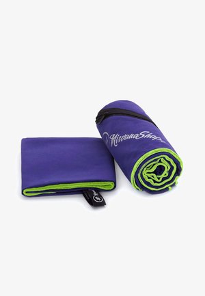 Purple rolled towel with green trim, made of lightweight material, features a zippered pouch for storage. Includes branded tag.