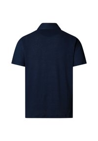 Marineblaues Kurzarm-Poloshirt, von hinten gezeigt, mit Kragen und schlichtem, einfarbigem Design.