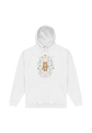 Biała bluza z kapturem z kieszenią z przodu, przedstawiająca uroczego, kreskówkowego leniwca trzymającego włócznię, otoczonego kolorowymi kwiatami i liśćmi.