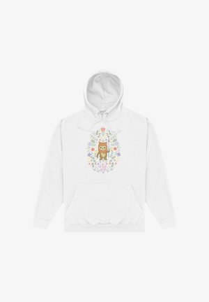 White hoodie with front pocket featuring a cute cartoon sloth holding a spear, surrounded by colorful flowers and leaves.