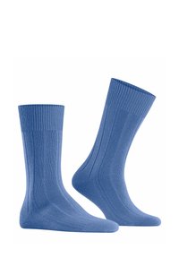 Blaue gerippte Socken mit einem strukturierten Design, einem bequemen Bund und einer glatten Gesamtfinish, dargestellt in einem Paar.