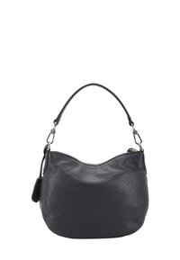 Sac à épaule en cuir gris foncé avec une forme arrondie, surface texturée, fermeture à glissière et une courte poignée avec des accents en métal.