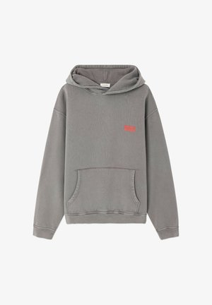 Grijze hoodie met een kangoeroezak, capuchon met trekkoord en een rood "American Vintage" logo op de borst; gemaakt van een zachte katoenmix.