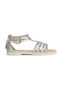 Sandalias plateadas con tiras, de suela plana, que cuentan con dos correas ajustables con hebillas y un upper metálico texturizado. Suela base blanca.
